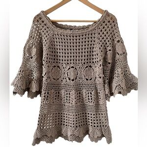 Crochet Top Boho Festival Beach Coastal Open Knit Flutter Bell Sleeves Small